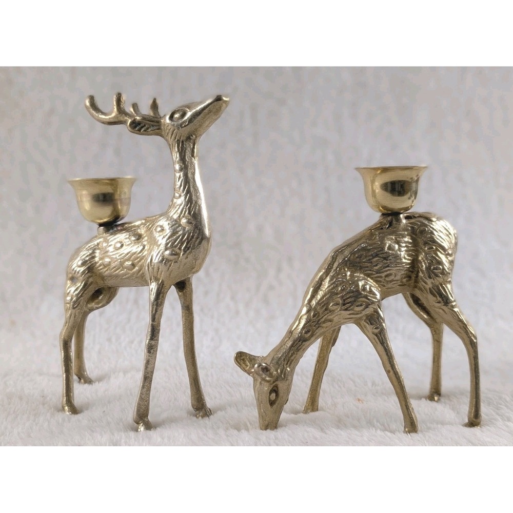 Vintage Brass Deer Candle Holders‎ Pair Stag Doe Mid Century Decor